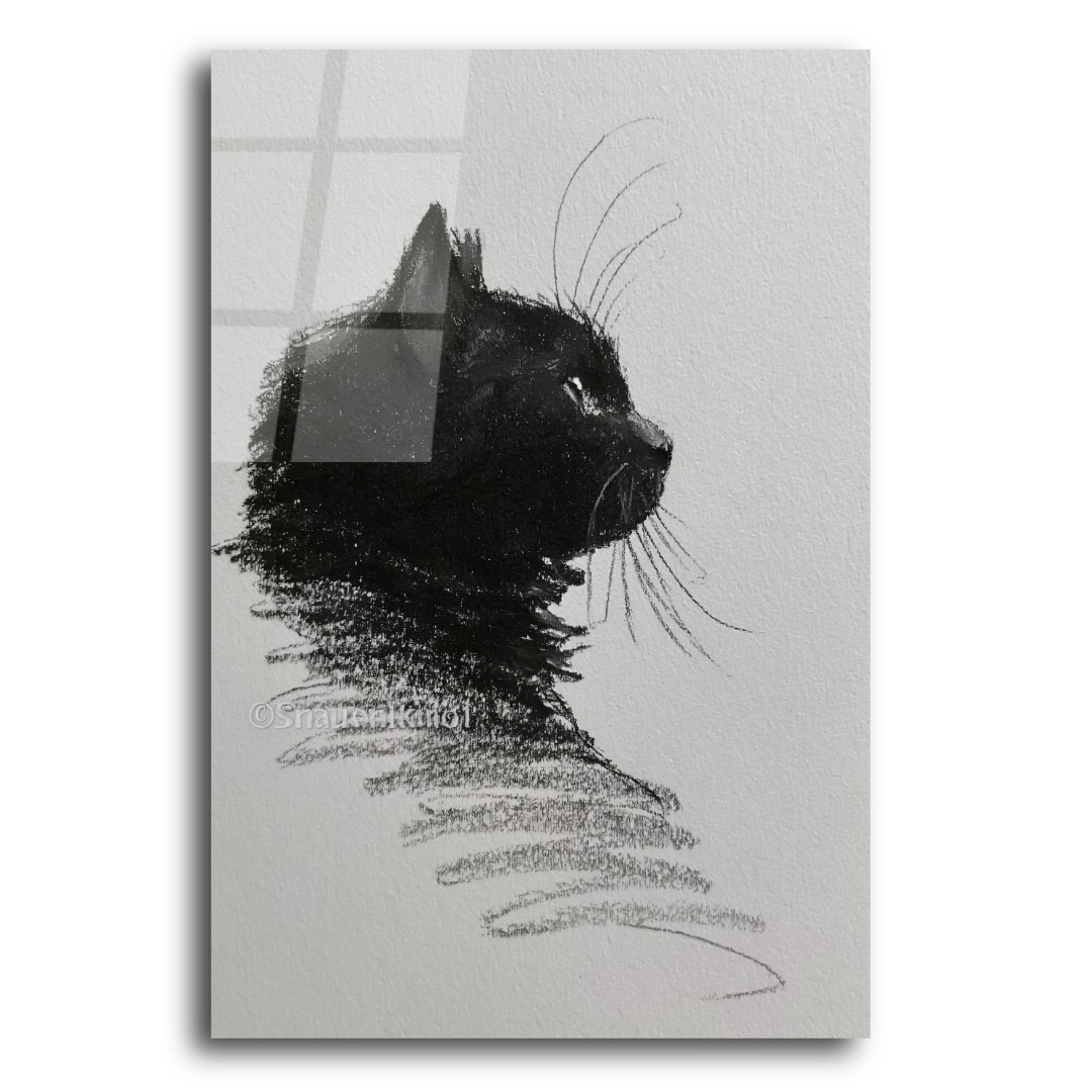 Karakalem Kara Kedi Cam Tablo KD123 4