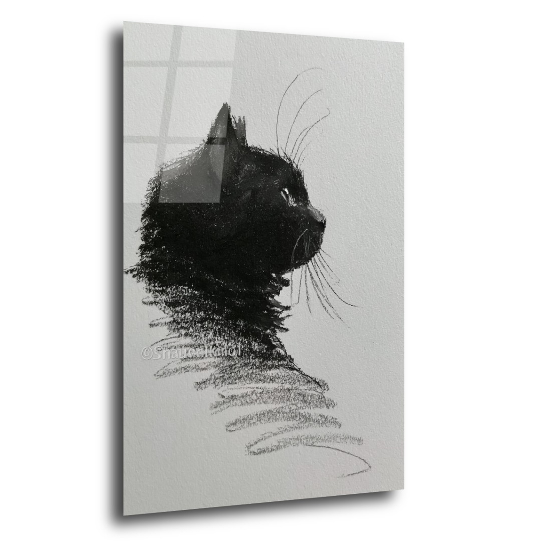 Karakalem Kara Kedi Cam Tablo KD123 2