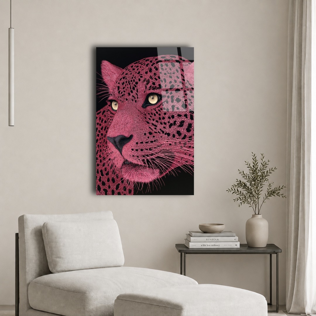 Pembe Mozaik Leopar Yüzü Cam Tablo HY112