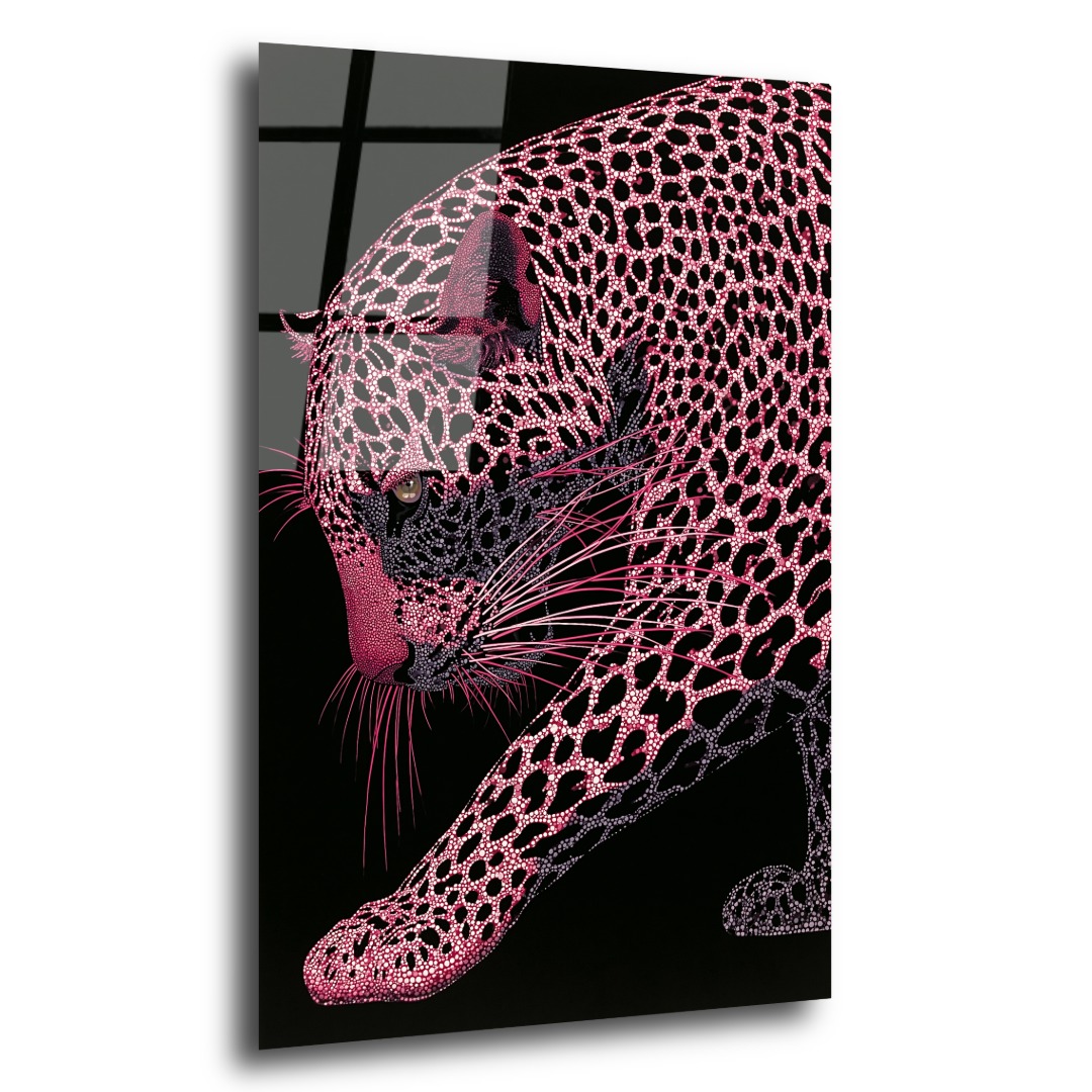 Pembe Mozaik Yürüyen Leopar Cam Tablo HY111 2