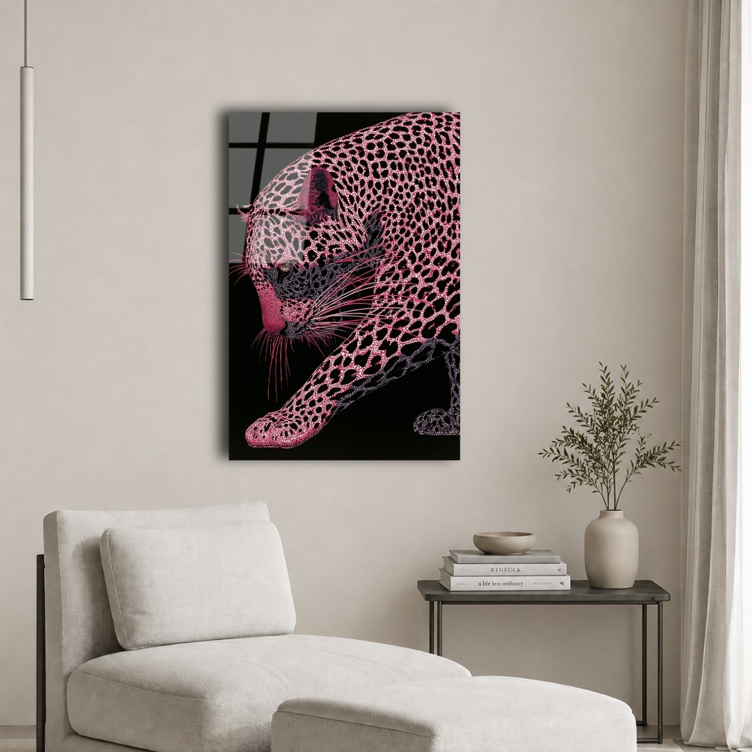 Pembe Mozaik Yürüyen Leopar Cam Tablo HY111