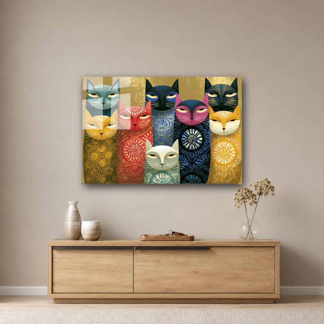 Etnik Kedi Grubu Cam Tablo KD101