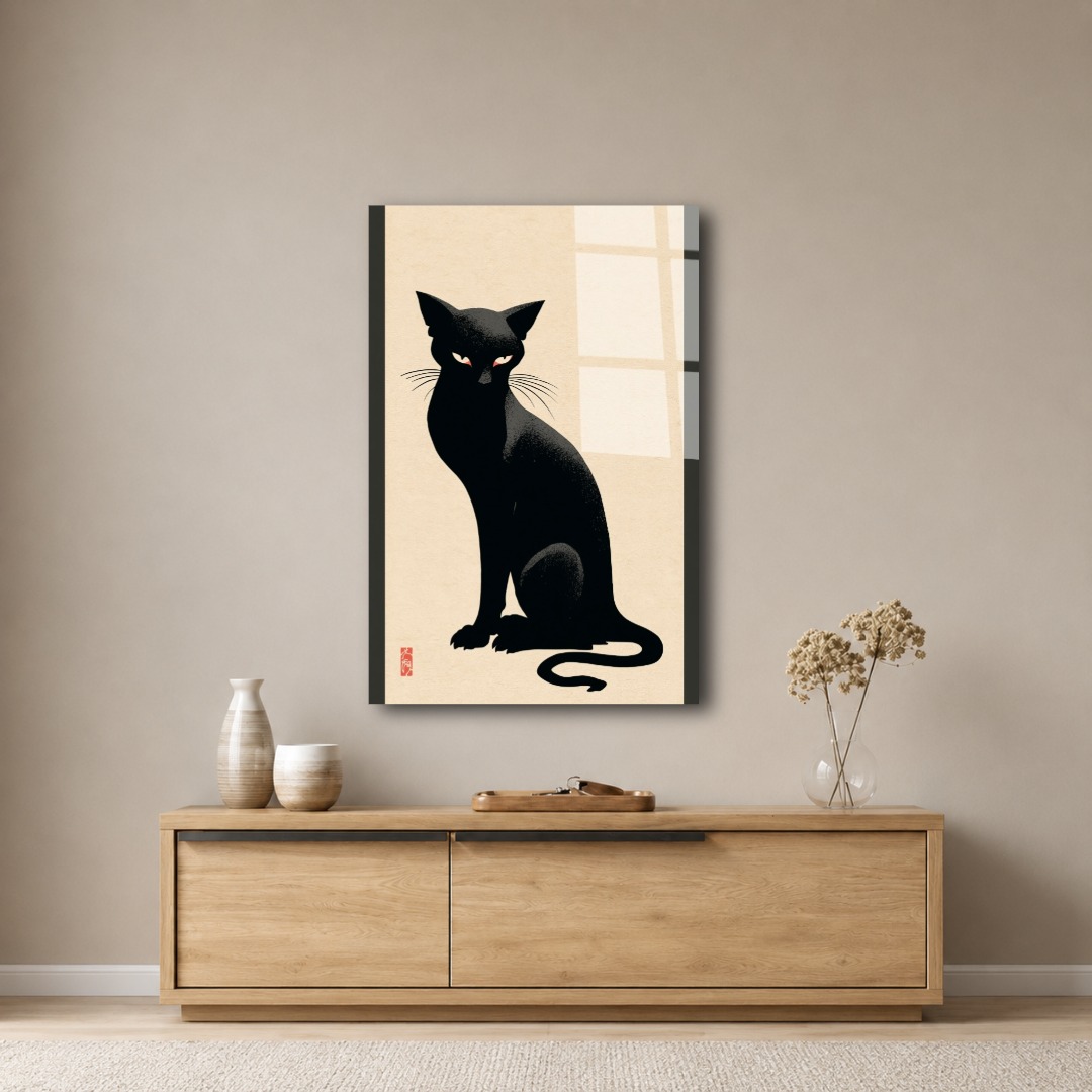 Minimalist Kara Kedi Cam Tablo KD108