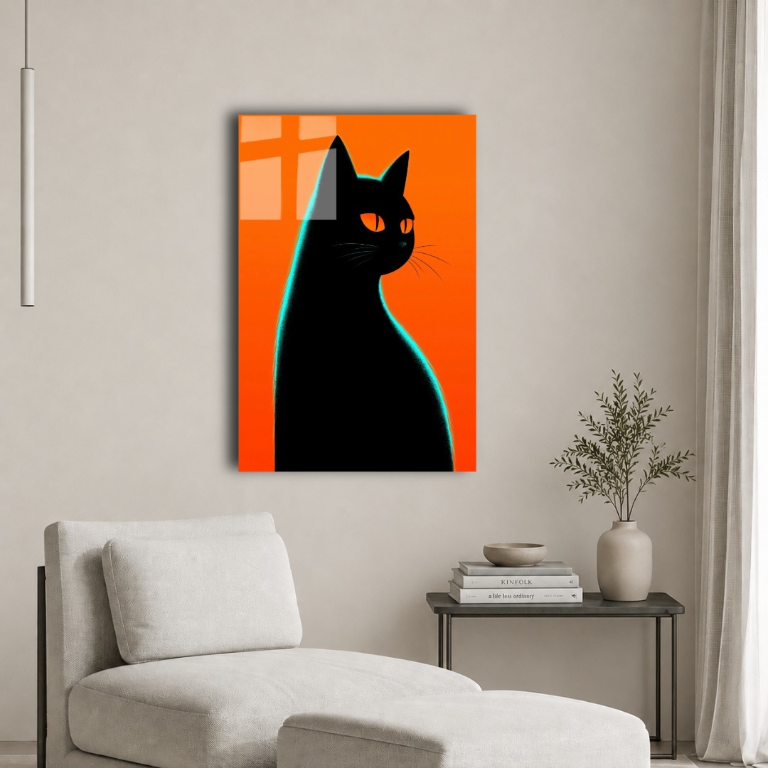 Turuncu Sakin Kara Kedi Cam Tablo KD117