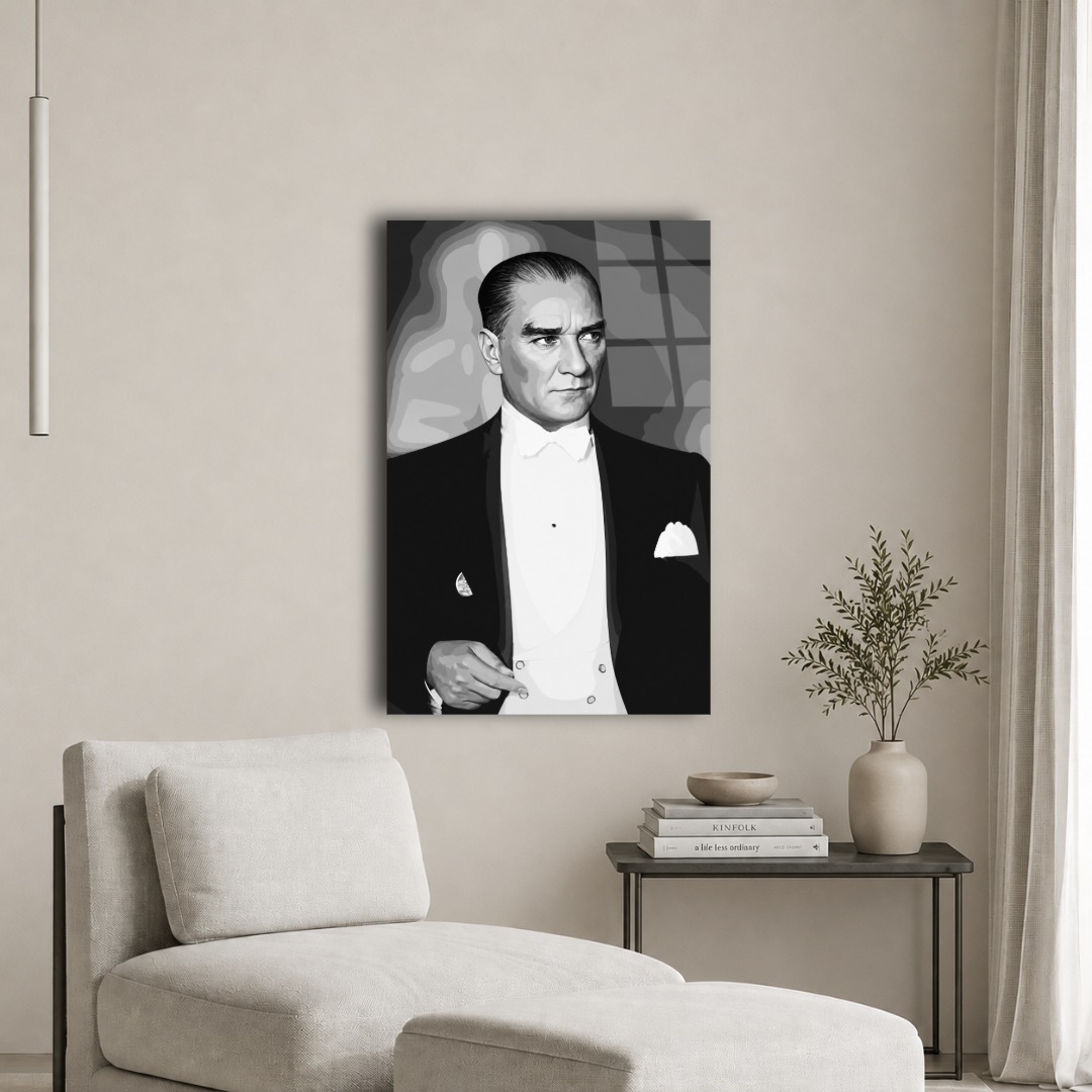 Siyah Beyaz Atatürk Cam Tablo MK101