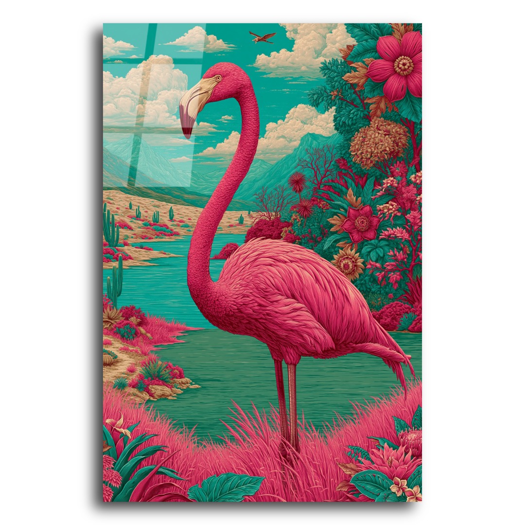 Etnik Pembe Flamingo Cam Tablo ZN112 3