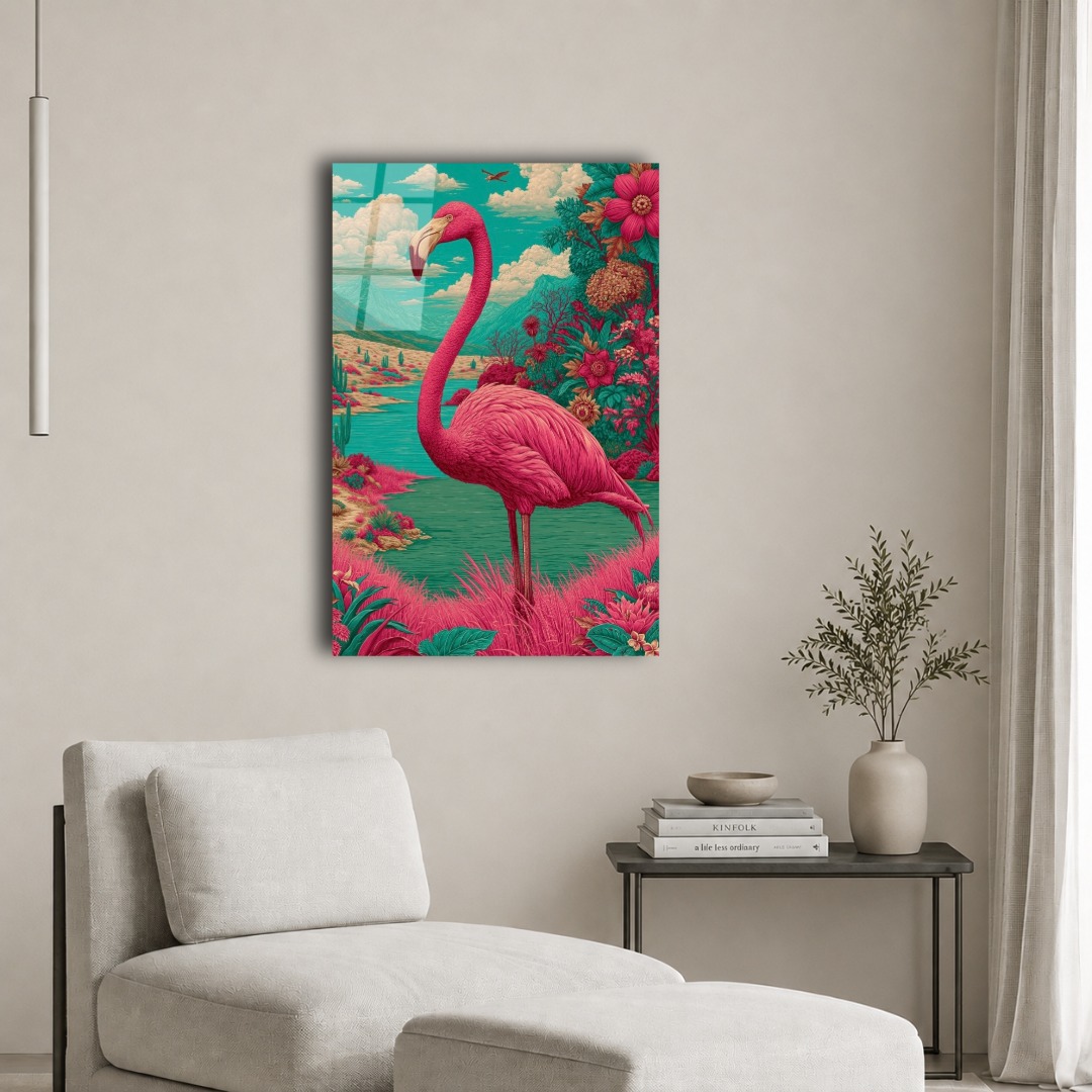 Etnik Pembe Flamingo Cam Tablo ZN112