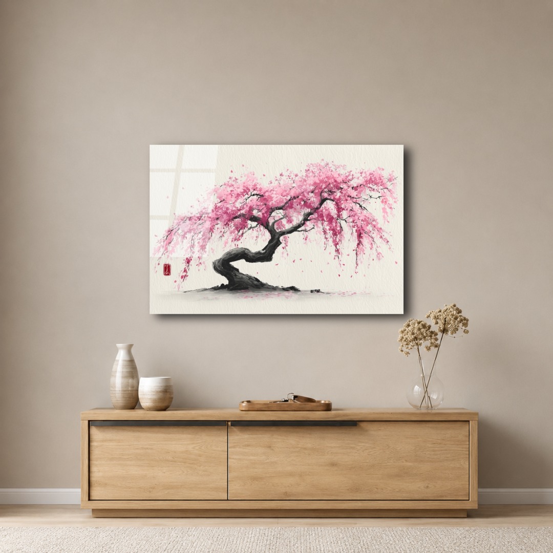 Pembe Sakura Ağacı Cam Tablo ZN107